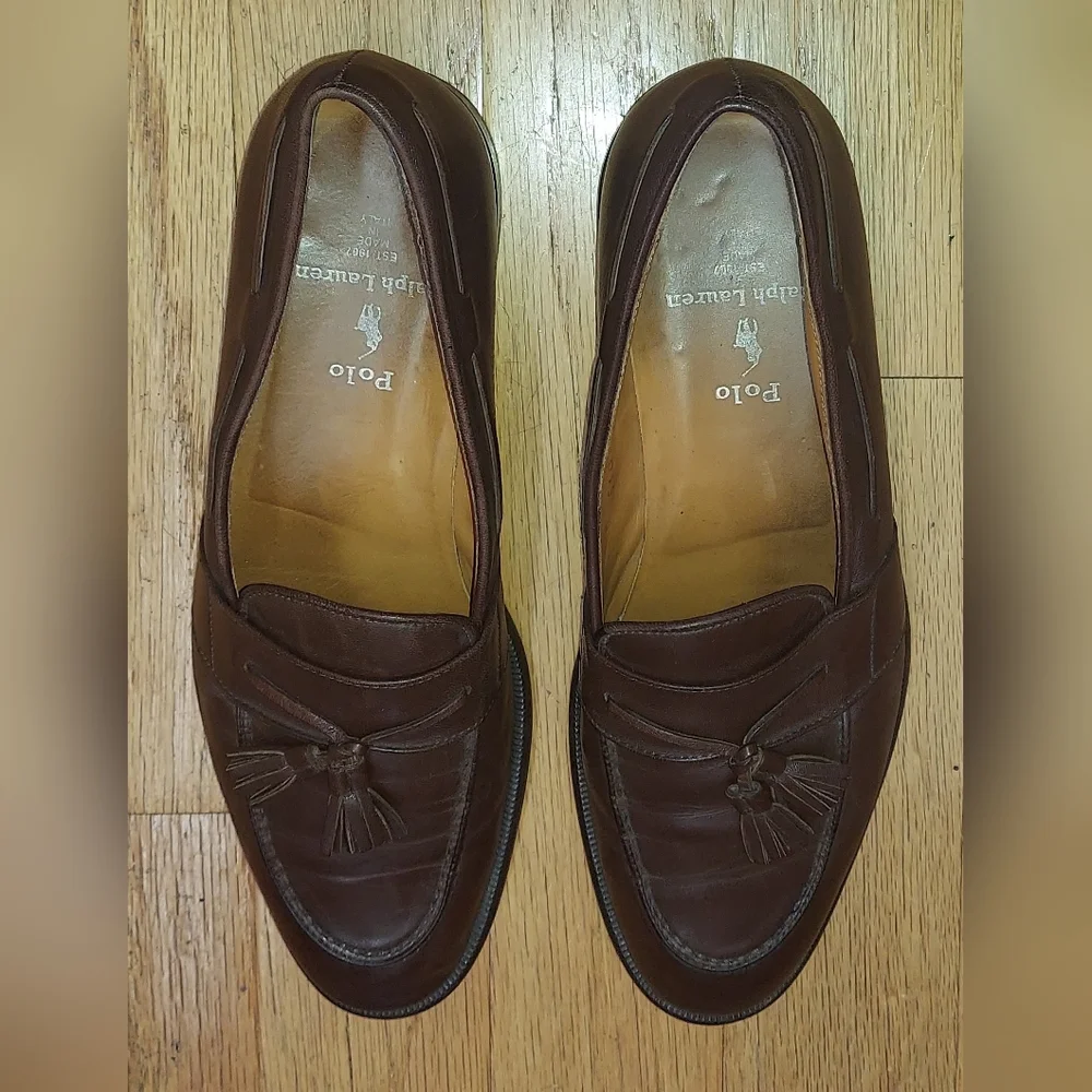 POLO RALPH LAUREN RLF 370 MEN'S BROWN LEATHER LOAFERS SIZE 10 D MADE IN ITALY